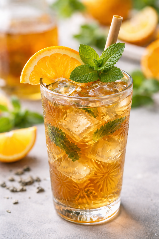 a glass with iced hemp tea made from Hemp & Herb from Dutch Harvest described in the recipe Hemp & Herb Spring Iced Tea